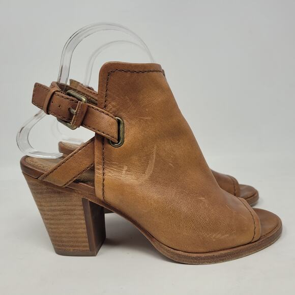 Frye Heels 6.5 Brown Leather Dani Shield Slingback Western Peep Toe Boho Sandals - Picture 2 of 10